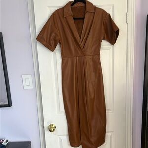 Zara Faux Leather Brown Midi Dress